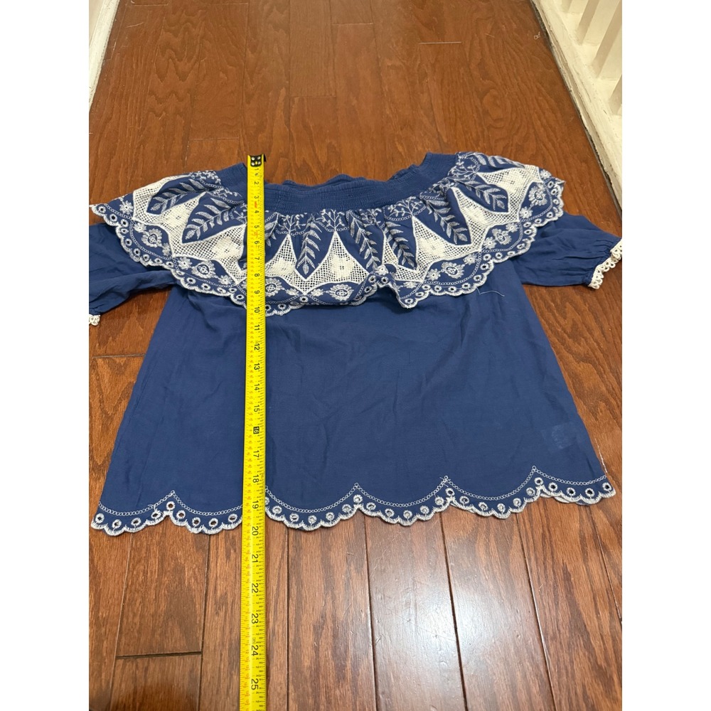 Blue Off Shoulder Eyelet Embroidery Ruffle Cotton Boho Blouse Top  M - Picture 5 of 6